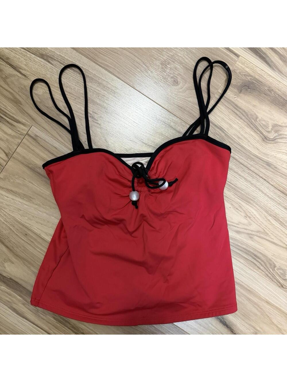 Anne Cole Collection Red Tankini Top Double Strap Pearl Bead Y2K Swim Small